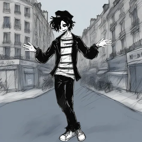 adult tall male mime, shirt grunge, sketchy lines, messy hair, black hair, wearing a beret, score_8_up, score_9_up,happy, has mi...