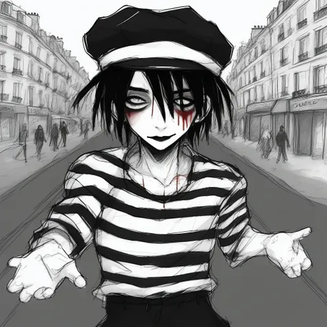 adult tall male mime, shirt grunge, sketchy lines, messy hair, black hair, wearing a beret, score_8_up, score_9_up,happy, has mi...