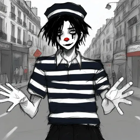 adult tall male mime, shirt grunge, sketchy lines, messy hair, black hair, wearing a beret, score_8_up, score_9_up,happy, has mi...