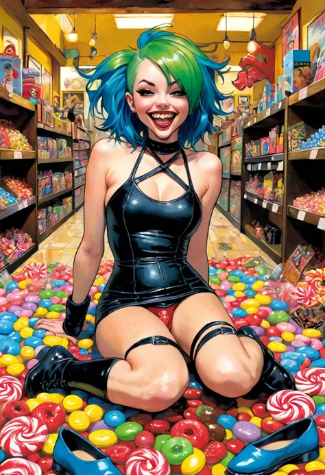 doggy style, gripping sheets, clenching teeth,wild sex, vaginal penetration, torn black leggings, blue ballet slippers {{a girl with green hair in the middle of a small candy store, sexy and naughty smile, punk look, tight leather dress, pronounced nipples...