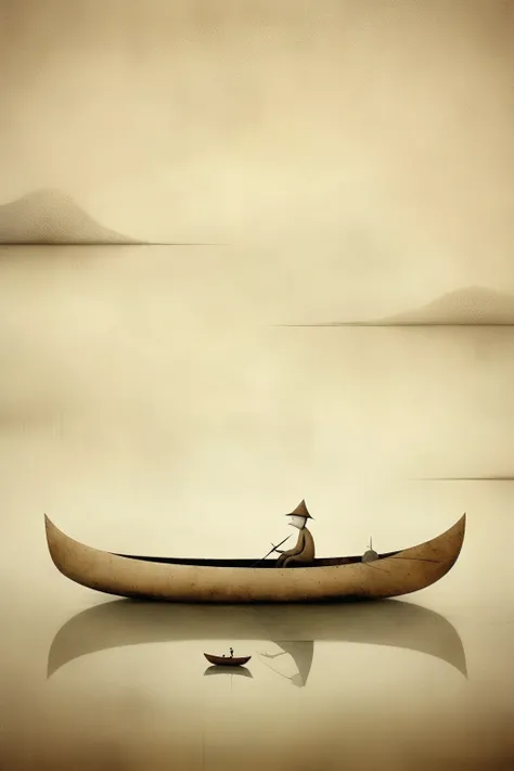 Gabriel Pacheco style - lonely fisherman sitting in the canoe on a lagoon, ambiente de neblina, arte bbc2, ao estilo de Gabriel Pacheco, post-minimalist structures, conjuntos minimalistas, Gediminas Pranckevicius, marrom claro e preto, nature-inspired inst...