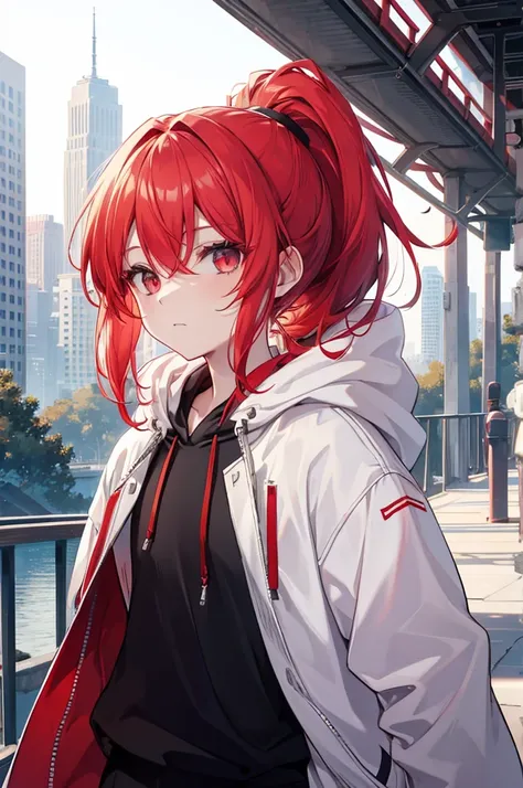 1 person, red hair, ponytail, white hair bridge, red odd eye, White Hoodie, black pants