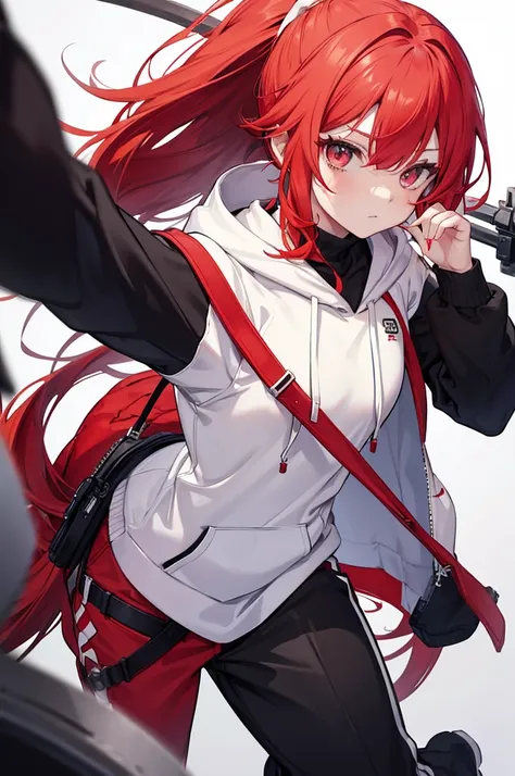 1 person, Red Hair, ponytail, white hair bridge, red odd eye, white hoodie, black pants, Monochrome background,