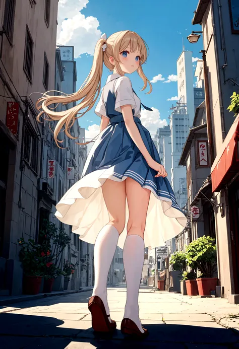 long skirt for uniform、the color is dark blue、
from under the pleated skirt of the uniform, dutch angle, under the skirt, 



、s...