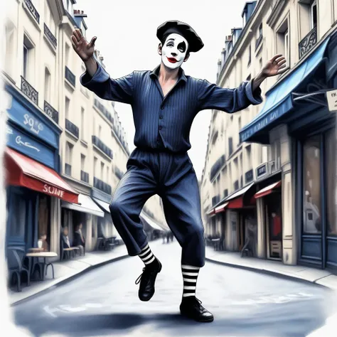 adult tall male mime, shirt grunge, sketchy lines, messy hair, black hair, wearing a beret,,happy, has mime makeup on, wearing a mime outfit, dark blue eyes, performing on the streets of paris, showing full body, on a city street, solo, alone, (SOLO)(ALONE...