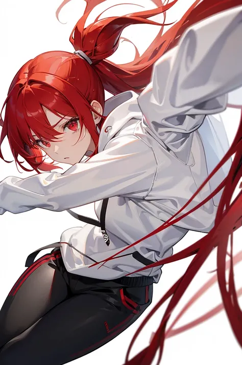 1 person, Red Hair, ponytail, red eyes, white hoodie, black pants, white background,