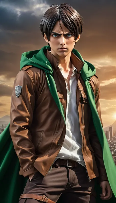 Eren Yeager, intense expression, Titan transformation, Shiganshina District backdrop, detailed, realistic style, brown jacket, green cloak, dynamic pose, dramatic lighting, photorealistic, ultra HD