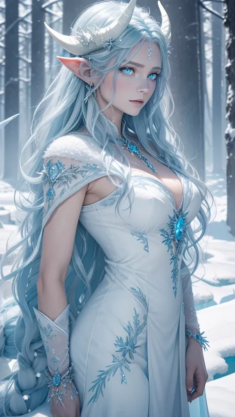 Best quality, cinematic image, Detailе.ed image, fantasy, mythical creature, horns, ice scales, beautiful woman, ice spirit, The Snow Queen, blue skin, Ice Dragon, detailed beautiful голубыe eyes, very long wavy white hair, cold look, White dress, big beau...