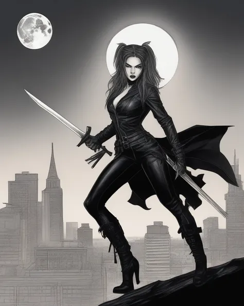 /imagine prompt: A captivating comic-style illustration featuring a 25-year-old female demon hunter with long wavy hair, in a black leather trench coat, corset, vinyl pants, and long boots, carrying a sword on her back. With gray eyes, black lips, and pale...