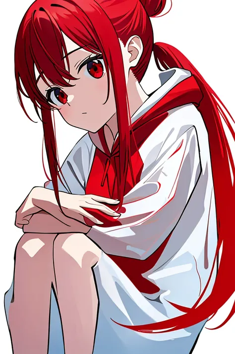 1 person, Red Hair, ponytail, red eyes, white hoodie, black pants, white background,