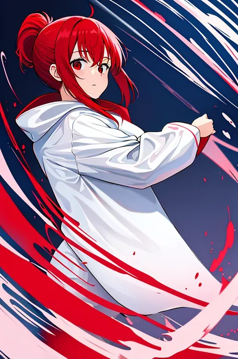 1 person, Red Hair, ponytail, red eyes, white hoodie, black pants, white background,