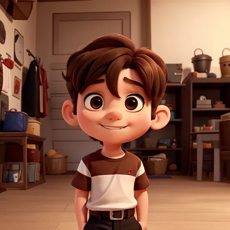 a Little boy 12 years old with brown hair He wears a dark red t-shirt with white stripes, black pants and gray shoes Disney Pixar