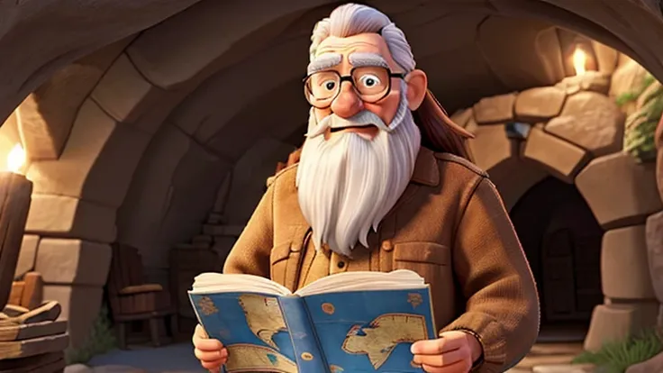 an old man with a long beard holding a map inside a cave