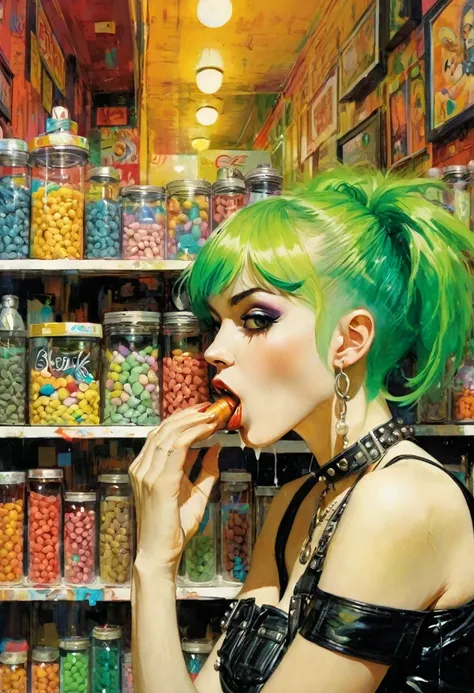 punk girl, green hair, sexy, in the middle of a small candy store, gives a blowjob to a penis guy in doggy style, mouth full, cum on face, art by Bill Sienkiewicz, intricate details, oil painting .
