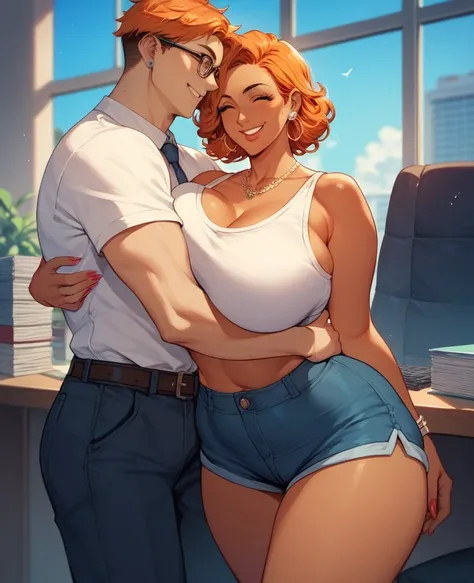 1boy, a tall tanned boy wearing a crop top and shorts with elbow length curly Orange hair hugging a woman, 1girl, woman(mature woman with office clothes curvy with Big breasts, smiling)