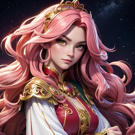 A young anime-style Caucasian woman with long, wavy long pink hair wearing an ornate, red and white fantasy costume and a high collar. She has a serious expression on her face and is set against a dark, starry background,  surrounded by lush green foliage ...