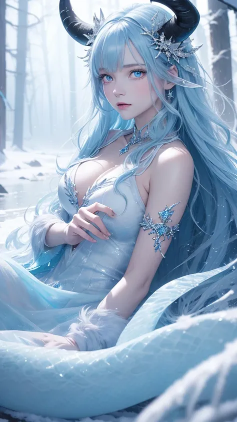 Best quality, cinematic image, Detailе.ed image, fantasy, mythical creature, horns, ice scales, beautiful woman, ice spirit, The Snow Queen, blue skin, Ice Dragon, detailed beautiful голубыe eyes, very long wavy white hair, cold look, White dress, big beau...