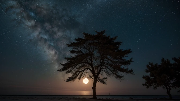 Noite estrelada e lua cheia. Tree and plain