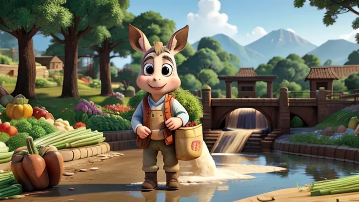 donkey named Bento, with bright eyes and brave expression, carrying bags of flour and vegetables, repairing a small dam