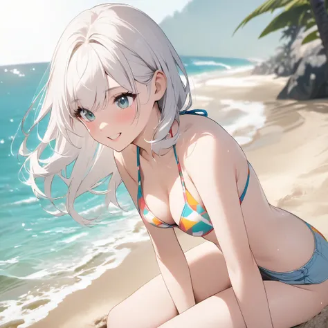 White hair, bikini girl at beach