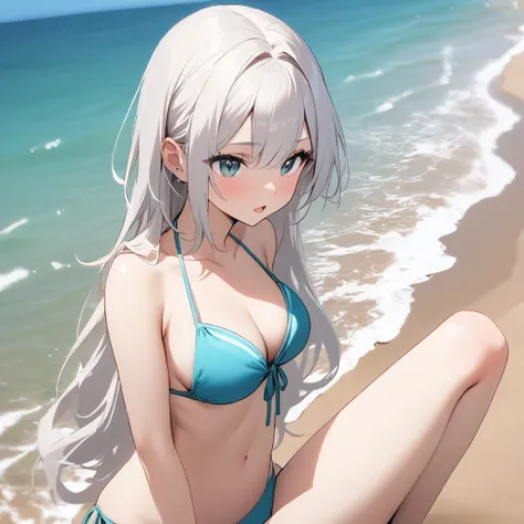 White hair, bikini girl at beach