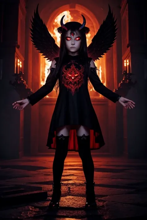 Full body view of an 8 year old Russian girl transforming into a demon with demonic horns a demonic third eye fiery red eyes demonic black wings and demonic tattoos all over her face neck and body in a pagan temple