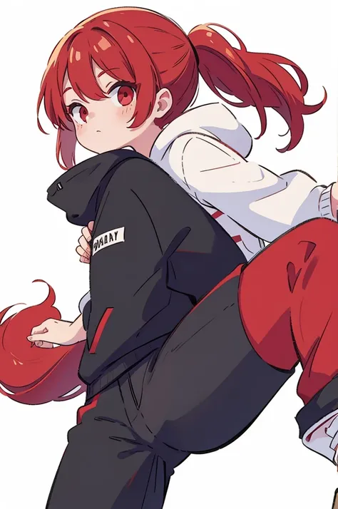 1 person, Red Hair, ponytail, red eyes, white hoodie, black pants, white background