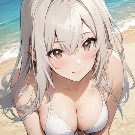 White hair, bikini girl at beach, brown eyes