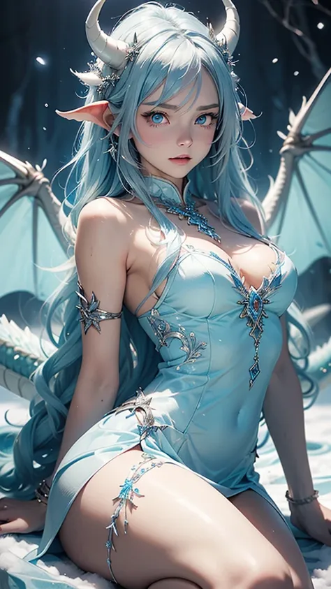 Best quality, cinematic image, Detailе.ed image, fantasy, mythical creature, horns, ice scales, beautiful woman, ice spirit, The Snow Queen, blue skin, Ice Dragon, Dragon Wings, dragon tail, detailed beautiful голубыe eyes, very long wavy white hair, cold ...