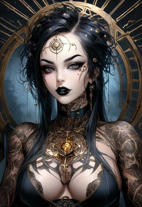 Create a photo realistic hyper realistic heavily tattooed goth girl, perfect face, thin curved black eyebrows, long luscious eyelashes, black eyeliner, black eye shadow,curved lips, thick black lipstick, half shaved long luscious black hair, black lace cho...