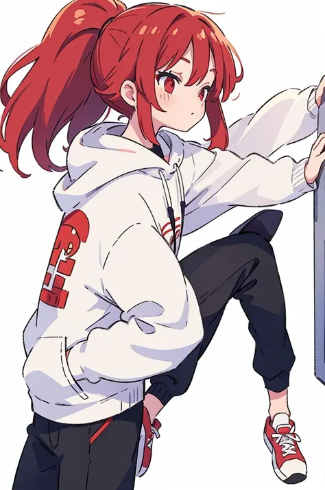 1 person, Adult, Red Hair, ponytail, red eyes, white hoodie, black pants, white background