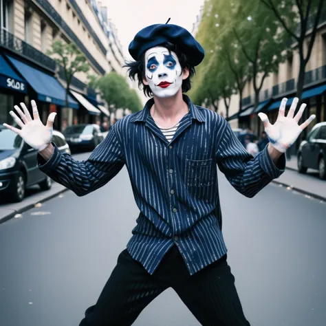 adult tall male mime, shirt grunge, sketchy lines, messy hair, black hair, wearing a beret,,happy, has mime makeup on, wearing a mime outfit, dark blue eyes, performing on the streets of paris, showing full body, on a city street, solo, alone, (SOLO)(ALONE...