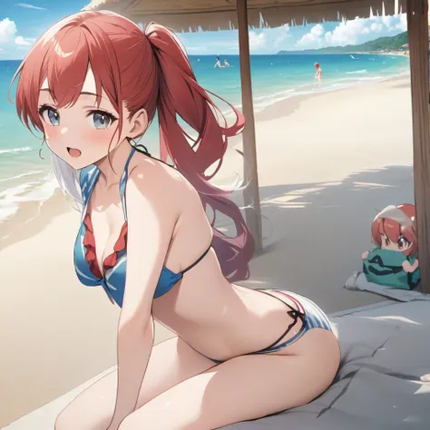 White hair, bikini girl at beach, brown eyes and a red hair , bikini girl , blue eyes