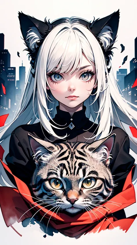 A centralized image in an amazing illustration of a charming perfect girl in black and white only, with the only piece in color being a red accessorie but just one and nothing else, in the center of this piece of art is the majestic hyperdetailed cat, wate...