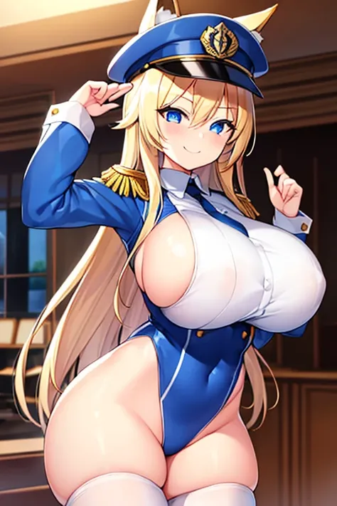 1girl, blonde hair, long hair, huge breasts, thick thighs, blue eyes, smile, smirk, smug, leotard, white leotard, police uniform, white clothes, bare legs, policewoman, police hat, fox ears, fox tail, mature female, toned, hourglass figure, black thighhigh...