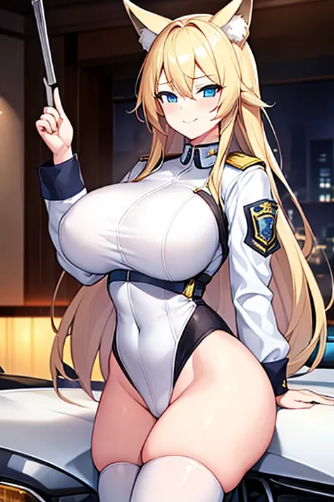 1girl, blonde hair, long hair, huge breasts, thick thighs, blue eyes, smile, smirk, smug, leotard, white leotard, police uniform, white clothes, bare legs, policewoman, police hat, fox ears, fox tail, mature female, toned, hourglass figure, black thighhigh...