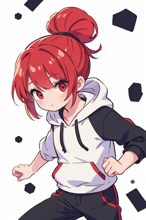 1 person, alone, Adult, Red Hair, ponytail, red eyes, white hoodie, black pants, white background