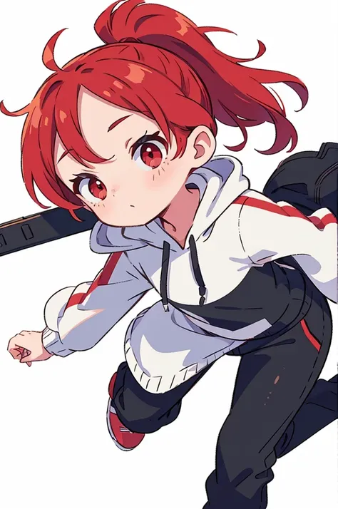 1 person, alone, Adult, Red Hair, ponytail, red eyes, white hoodie, black pants, white background