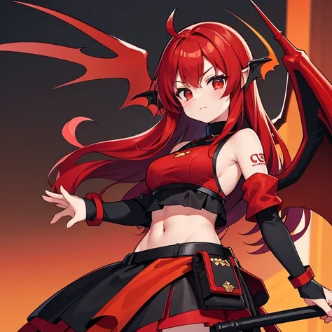 Red hair, 16 years old, 1 girl, red and black dragon wings, red and black tail, dragon esc skirt, fantasy crop top