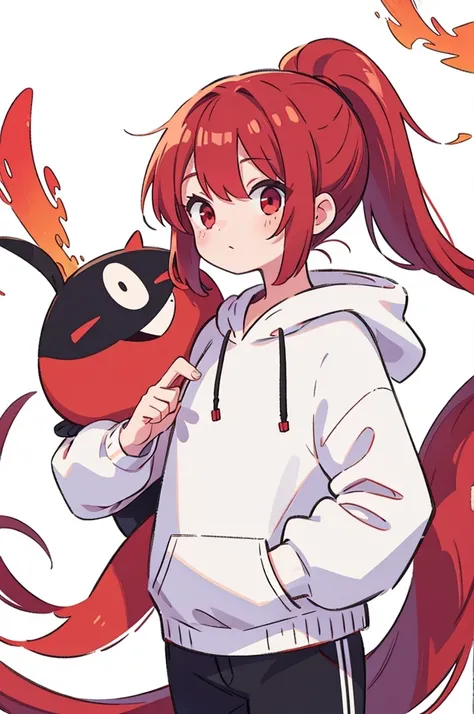 1 person, alone, Adult, Red Hair, ponytail, red eyes, white hoodie, black pants, white background