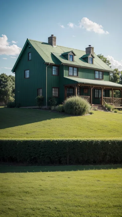 I want a vast green plain with a simple house 