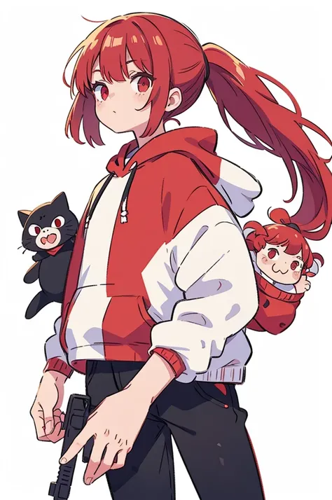 1 person, Adult, Red Hair, ponytail, red eyes, white hoodie, black pants, white background