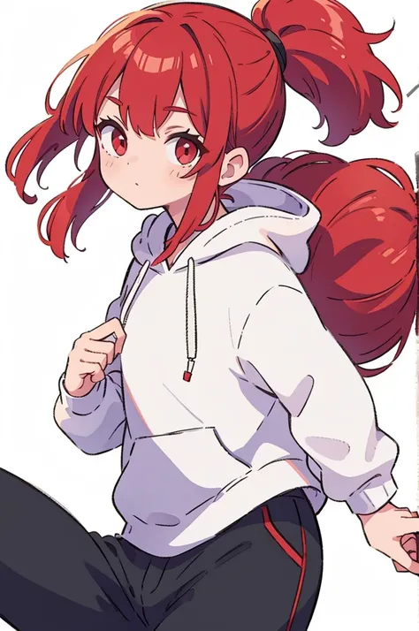 1 person, Adult, Red Hair, ponytail, red eyes, white hoodie, black pants, white background