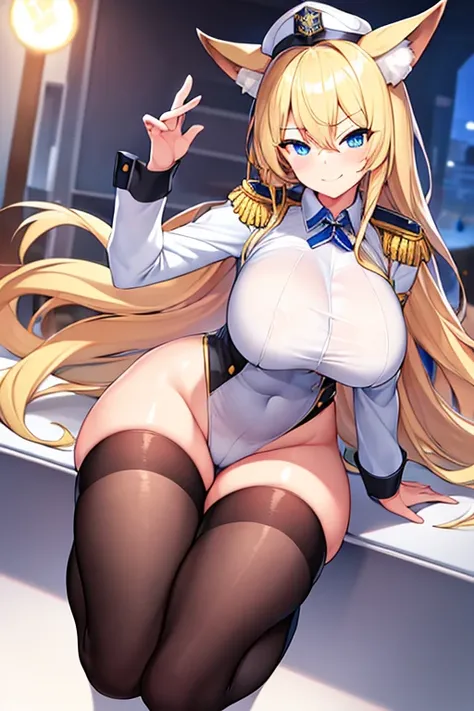 1girl, blonde hair, long hair, huge breasts, thick thighs, blue eyes, smile, smirk, smug, leotard, white leotard, police uniform, white clothes, bare legs, policewoman, police hat, fox ears, fox tail, mature female, toned, hourglass figure, black thighhigh...