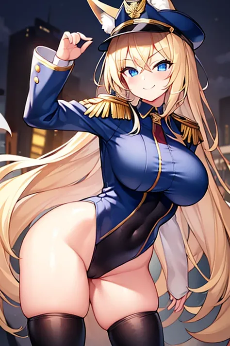 1girl, blonde hair, long hair, huge breasts, thick thighs, blue eyes, smile, smirk, smug, leotard, white leotard, police uniform, white clothes, bare legs, policewoman, police hat, fox ears, fox tail, mature female, toned, hourglass figure, black thighhigh...