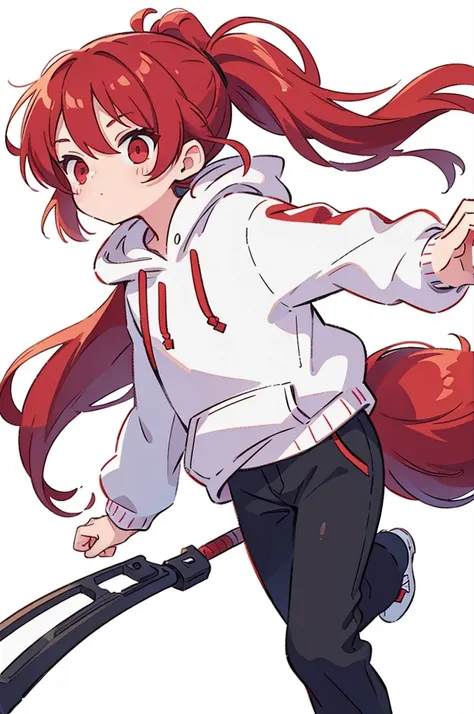 1 person, Adult, Red Hair, ponytail, red eyes, white hoodie, black pants, white background, perfect hands, 