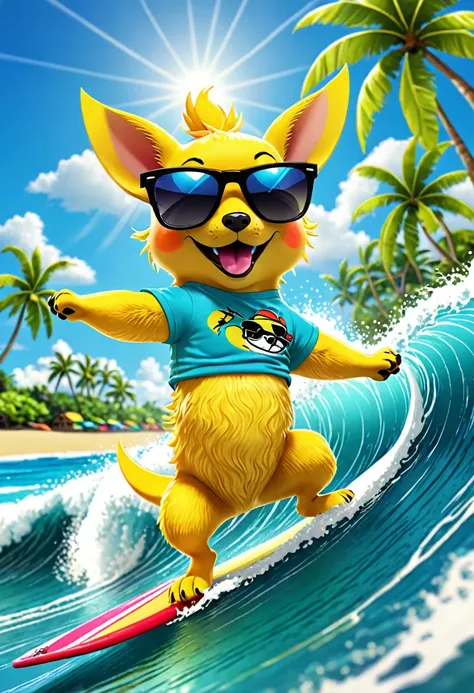 Pikachu, wearing sunglasses, surfing on a wave, tropical beach background, bright colors, dynamic action pose, playful expression, highly detailed, cartoon style, 4k resolution