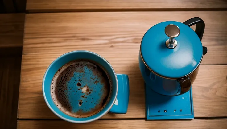 A blue coffee pot and a cup of hot coffee seen from above, background azul marinho, obra de arte, 8k, high resolution