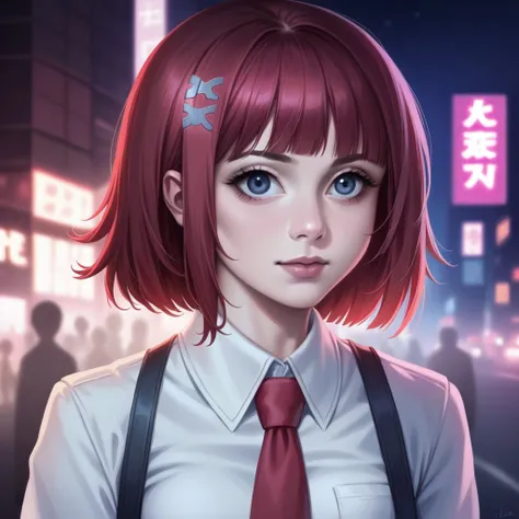 (8k, RAW photo, masterpiece:1.3), (realistic, photo-realistic:1.37), (night), (looking at viewer:1.331), (bloody hair), posing, Tokyo street, nightcityscape, cyberpunk city, soft light, 1girl, extremely beautiful face, bust, put down hands, Random hairstyl...