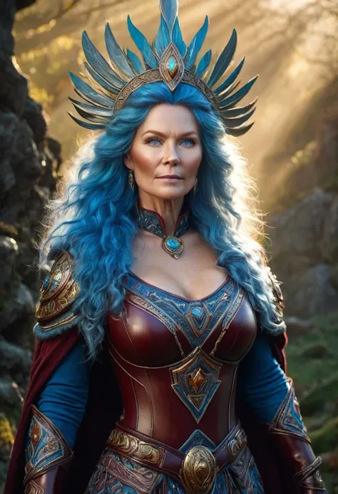 Full body Portrait of the Great Nordic Queen, a very gorgeous woman, 50 years old, thick healthy body, erotic warrior costumes, dark red styled fluffy hair, natural Blue eyes, a nose with a bump, an elongated chin, dressed in ancient national,
8k resolutio...